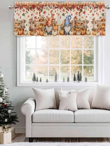 Fall Thanksgiving Curtain Valances Pumpkin Gnomes Valance for Kitchen Windows Retro Farmhouse Maple Leaves Rod Pocket Valance Curtains for Living Room Bedroom Small Windows Home Decor 42x12in in Saudi Arabia