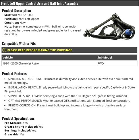 Front Left Driver Side Upper Control Arm and Ball Joint Assembly - Compatible with 1990-2005 Chevy Astro RWD (W0171-G513342) in Saudi Arabia