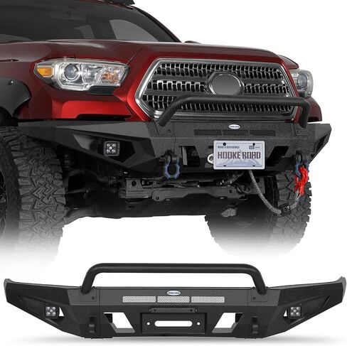 Hooke Road Tacoma Front Bumper Guard Bull Bar لـ 2016-2023 Toyota Tacoma 3rd Gen، مصد فولاذي لزحف الصخور مع لوحة ونش، وحوامل على شكل حرف D و2 مصابيح سبوت LED in Saudi Arabia