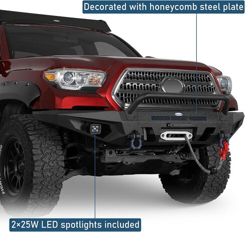 Hooke Road Tacoma Front Bumper Guard Bull Bar لـ 2016-2023 Toyota Tacoma 3rd Gen، مصد فولاذي لزحف الصخور مع لوحة ونش، وحوامل على شكل حرف D و2 مصابيح سبوت LED in Saudi Arabia