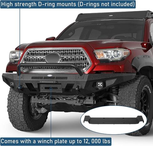 Hooke Road Tacoma Front Bumper Guard Bull Bar لـ 2016-2023 Toyota Tacoma 3rd Gen، مصد فولاذي لزحف الصخور مع لوحة ونش، وحوامل على شكل حرف D و2 مصابيح سبوت LED in Saudi Arabia