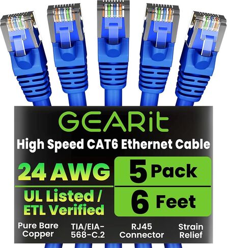 GearIT RJ45 Cat 6 Ethernet Patch Cable (5-Pack) for TV, Modem, PC Gaming, 10Gbps, Gold-Plated Connectors, Snagless, Network Cable, Internet Cable, 14 Feet, Black in Saudi Arabia