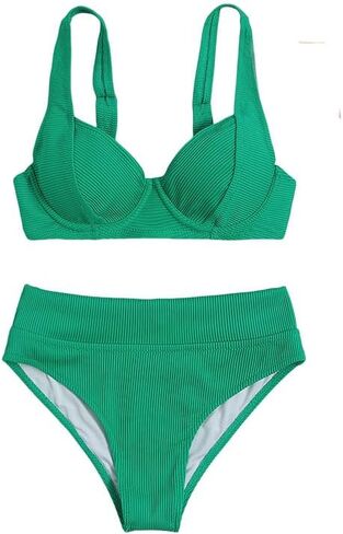 Women's Ribbed Two-Piece Bikini Set – Push-Up High-Waist Swimsuit with Tummy Control – Solid Color Swimwear in Saudi Arabia
