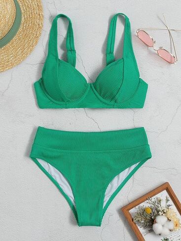 Women's Ribbed Two-Piece Bikini Set – Push-Up High-Waist Swimsuit with Tummy Control – Solid Color Swimwear in Saudi Arabia