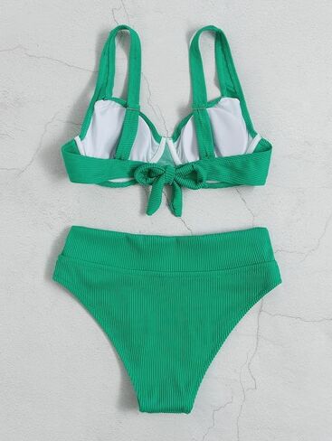 Women's Ribbed Two-Piece Bikini Set – Push-Up High-Waist Swimsuit with Tummy Control – Solid Color Swimwear in Saudi Arabia