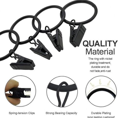 20 Pack Curtain Clip Rings - 1.26 Inch Inner Diameter for Curtain Rod, Drapery Hooks, Pinch Pleat & Grommet Panels, Black in Saudi Arabia