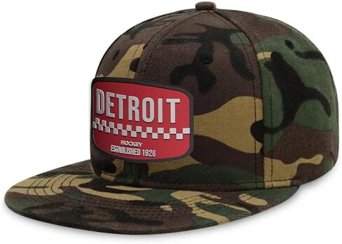 Flatbill Snapback Hockey Cap for Men and Women, Classic Cotton Sports Hat - Detroit - Wood Camo in Saudi Arabia