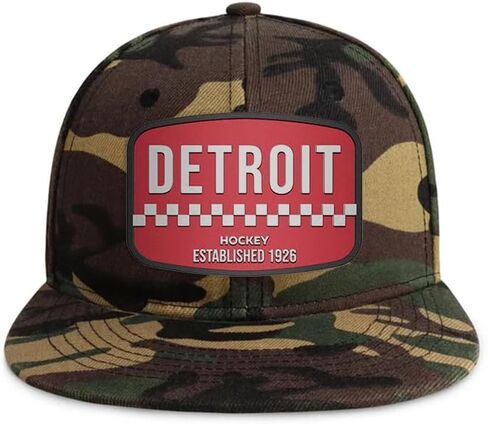 Flatbill Snapback Hockey Cap for Men and Women, Classic Cotton Sports Hat - Detroit - Wood Camo in Saudi Arabia