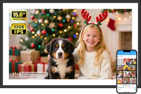 إطار صور رقمي SSA مقاس 15.6 بوصة، إطار صور رقمي واي فاي كبير بسعة 32 جيجابايت، سهل مشاركة الصور ومقاطع الفيديو عبر تطبيق مجاني، شاشة لمس IPS بدقة 1920x1080 FHD، تدوير تلقائي، إرسال 50 صورة مرة واحدة بلا حدود in Kuwait