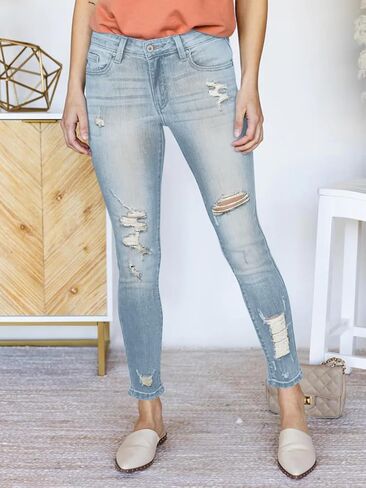 Women's Mid Waisted Jeans Trendy Distressed Stretch Ripped Butt Lift Denim Pants (Pack of 2) in Kuwait