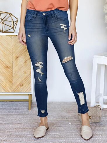 Women's Mid Waisted Jeans Trendy Distressed Stretch Ripped Butt Lift Denim Pants (Pack of 2) in Kuwait