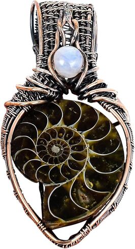 Tanay Gems and Jewels Ammonite Fossil Pendant, Copper Wire Wrapped with Rainbow Moonstone, Handmade Gemstone Jewelry Pendant in Saudi Arabia