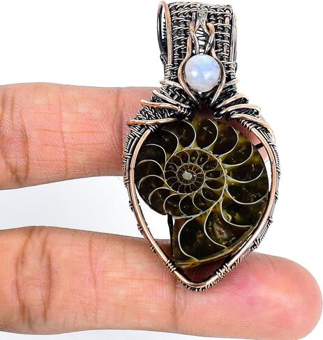 Tanay Gems and Jewels Ammonite Fossil Pendant, Copper Wire Wrapped with Rainbow Moonstone, Handmade Gemstone Jewelry Pendant in Saudi Arabia