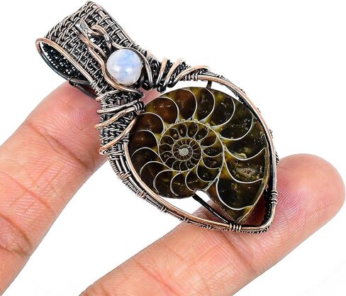 Tanay Gems and Jewels Ammonite Fossil Pendant, Copper Wire Wrapped with Rainbow Moonstone, Handmade Gemstone Jewelry Pendant in Saudi Arabia