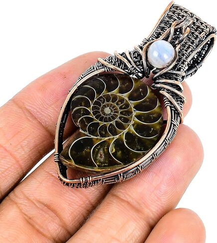 Tanay Gems and Jewels Ammonite Fossil Pendant, Copper Wire Wrapped with Rainbow Moonstone, Handmade Gemstone Jewelry Pendant in Saudi Arabia