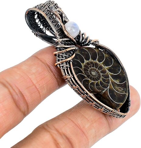 Tanay Gems and Jewels Ammonite Fossil Pendant, Copper Wire Wrapped with Rainbow Moonstone, Handmade Gemstone Jewelry Pendant in Saudi Arabia