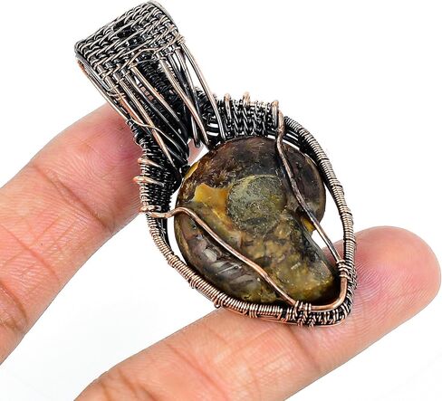 Tanay Gems and Jewels Ammonite Fossil Pendant, Copper Wire Wrapped with Rainbow Moonstone, Handmade Gemstone Jewelry Pendant in Saudi Arabia