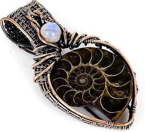 Tanay Gems and Jewels Ammonite Fossil Pendant, Copper Wire Wrapped with Rainbow Moonstone, Handmade Gemstone Jewelry Pendant in Saudi Arabia