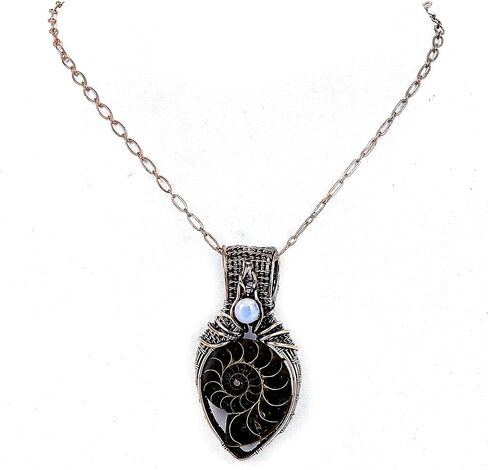 Tanay Gems and Jewels Ammonite Fossil Pendant, Copper Wire Wrapped with Rainbow Moonstone, Handmade Gemstone Jewelry Pendant in Saudi Arabia
