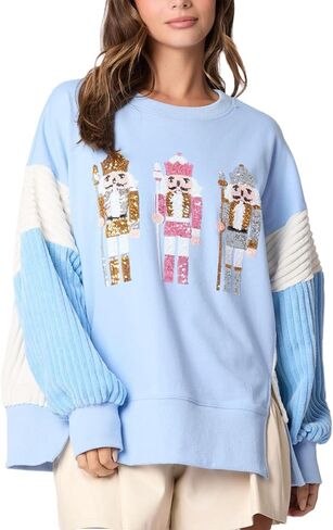 cffvdiz Oversized Christmas Sweatshirts for Women Funny Sequin Nutcracker Soldier Graphic Slit Crewneck Long Sleeve Pullover in Saudi Arabia