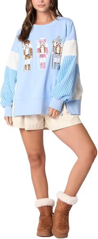 cffvdiz Oversized Christmas Sweatshirts for Women Funny Sequin Nutcracker Soldier Graphic Slit Crewneck Long Sleeve Pullover in Saudi Arabia