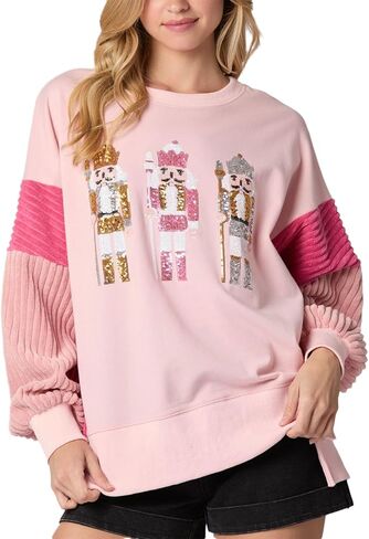 cffvdiz Oversized Christmas Sweatshirts for Women Funny Sequin Nutcracker Soldier Graphic Slit Crewneck Long Sleeve Pullover in Saudi Arabia
