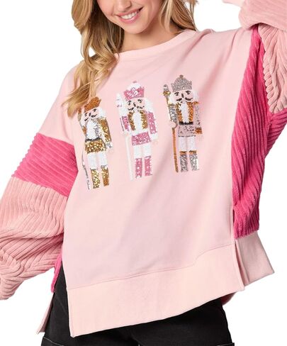 cffvdiz Oversized Christmas Sweatshirts for Women Funny Sequin Nutcracker Soldier Graphic Slit Crewneck Long Sleeve Pullover in Saudi Arabia