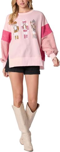 cffvdiz Oversized Christmas Sweatshirts for Women Funny Sequin Nutcracker Soldier Graphic Slit Crewneck Long Sleeve Pullover in Saudi Arabia