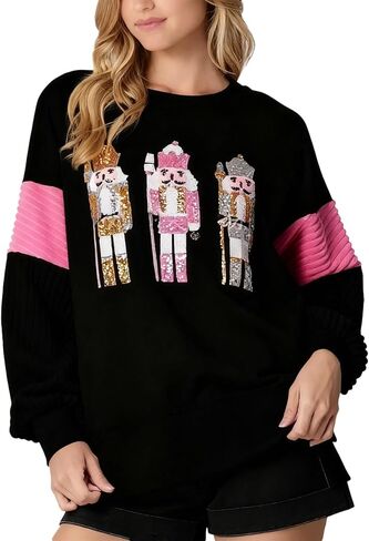 cffvdiz Oversized Christmas Sweatshirts for Women Funny Sequin Nutcracker Soldier Graphic Slit Crewneck Long Sleeve Pullover in Saudi Arabia