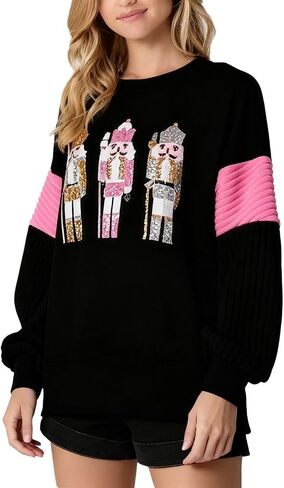 cffvdiz Oversized Christmas Sweatshirts for Women Funny Sequin Nutcracker Soldier Graphic Slit Crewneck Long Sleeve Pullover in Saudi Arabia