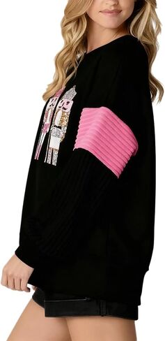 cffvdiz Oversized Christmas Sweatshirts for Women Funny Sequin Nutcracker Soldier Graphic Slit Crewneck Long Sleeve Pullover in Saudi Arabia