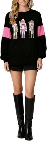 cffvdiz Oversized Christmas Sweatshirts for Women Funny Sequin Nutcracker Soldier Graphic Slit Crewneck Long Sleeve Pullover in Saudi Arabia