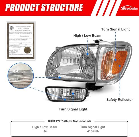 for 2001 2002 2003 2004 Toyota Tacoma Headlight Assembly 01 02 03 04 Toyota Tacoma Headlamp with Corner Signal 6Pcs Blk Lamps and Bumper Light Clear lens Chrome housing in Saudi Arabia
