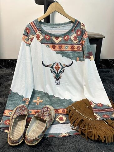 قمصان النساء الأزتيك خمر طباعة هندسية Crewneck عادية كم طويل العرقية الغربية الجرافيك فضفاض تي شيرت للسيدات موضة الأبيض XL in Saudi Arabia