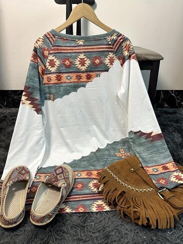 قمصان النساء الأزتيك خمر طباعة هندسية Crewneck عادية كم طويل العرقية الغربية الجرافيك فضفاض تي شيرت للسيدات موضة الأبيض XL in Saudi Arabia