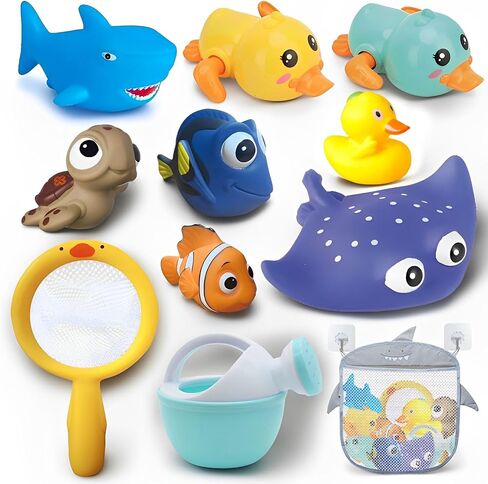 No Hole Bath Toys for Babies 0-6-12 Months+, Wind-up Swimming Ducks & Boat Bath Toys for Kids Ages 1-3, Baby Pool Toys Fishing Net Water Toys Watering Can, Toddler Bath Toys for 1+ Year Old Boy Girl in Saudi Arabia