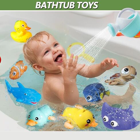No Hole Bath Toys for Babies 0-6-12 Months+, Wind-up Swimming Ducks & Boat Bath Toys for Kids Ages 1-3, Baby Pool Toys Fishing Net Water Toys Watering Can, Toddler Bath Toys for 1+ Year Old Boy Girl in Saudi Arabia