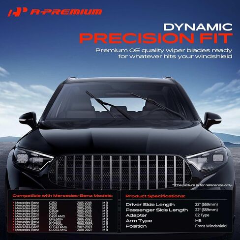 A-Premium Pack of 2 Windshield Wiper Blades with Wear Indicator & Towel - Compatible with Mercedes-Benz C250, C300, C350, C350e, C400, C450 AMG, C63 AMG, GLC300-22" and 22", MB Connector in Saudi Arabia