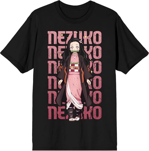 Demon Slayer Nezuko Repeat Text Crew Neck Short Sleeve Men's Black T-Shirt in Saudi Arabia