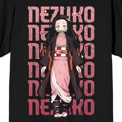 Demon Slayer Nezuko Repeat Text Crew Neck Short Sleeve Men's Black T-Shirt in Saudi Arabia