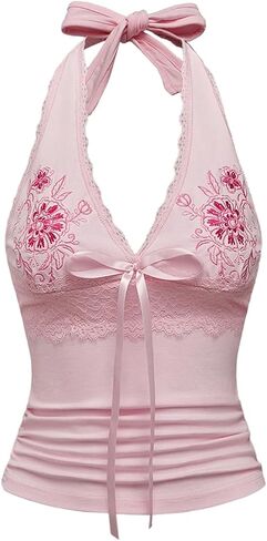 OYOANGLE Women's Floral Embroidery Bow Halter Tank Tops Lace Trim Ruched Fitted Sleeveless Top in Saudi Arabia