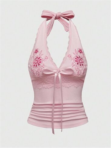 OYOANGLE Women's Floral Embroidery Bow Halter Tank Tops Lace Trim Ruched Fitted Sleeveless Top in Saudi Arabia