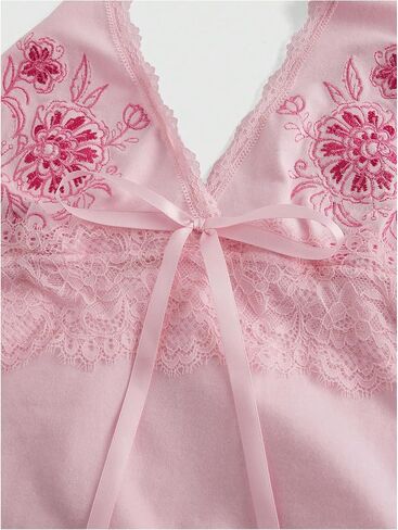 OYOANGLE Women's Floral Embroidery Bow Halter Tank Tops Lace Trim Ruched Fitted Sleeveless Top in Saudi Arabia