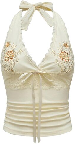 OYOANGLE Women's Floral Embroidery Bow Halter Tank Tops Lace Trim Ruched Fitted Sleeveless Top in Saudi Arabia