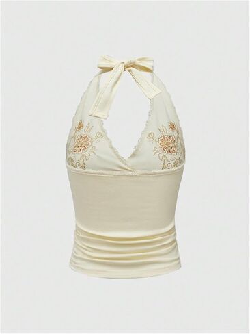 OYOANGLE Women's Floral Embroidery Bow Halter Tank Tops Lace Trim Ruched Fitted Sleeveless Top in Saudi Arabia
