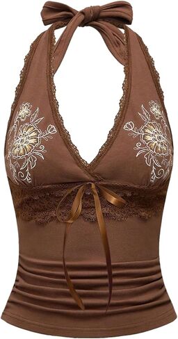 OYOANGLE Women's Floral Embroidery Bow Halter Tank Tops Lace Trim Ruched Fitted Sleeveless Top in Saudi Arabia