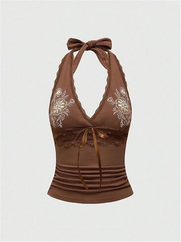 OYOANGLE Women's Floral Embroidery Bow Halter Tank Tops Lace Trim Ruched Fitted Sleeveless Top in Saudi Arabia