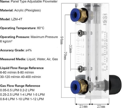 LZM-4T Acrylic Tube Flow Meter Panel Mount Adjustable Rotameter for Liquid Measurement with Control Valve(L-30-120ML-min-6mm) in Saudi Arabia