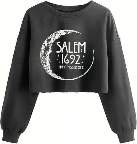 سويت شيرت نسائي Witch Salem 1692 They Missed One Crop Sweatshirt الخريف والهالوين القمر جرافيك فانوس طويل الأكمام للعطلات (XXL، رمادي 2) in Saudi Arabia
