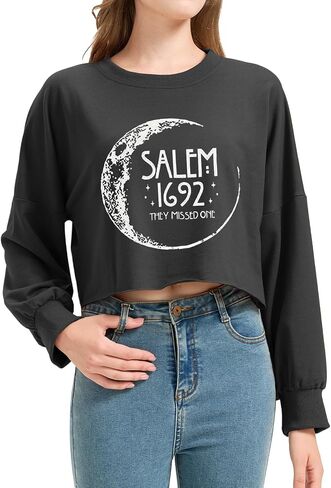 سويت شيرت نسائي Witch Salem 1692 They Missed One Crop Sweatshirt الخريف والهالوين القمر جرافيك فانوس طويل الأكمام للعطلات (XXL، رمادي 2) in Saudi Arabia